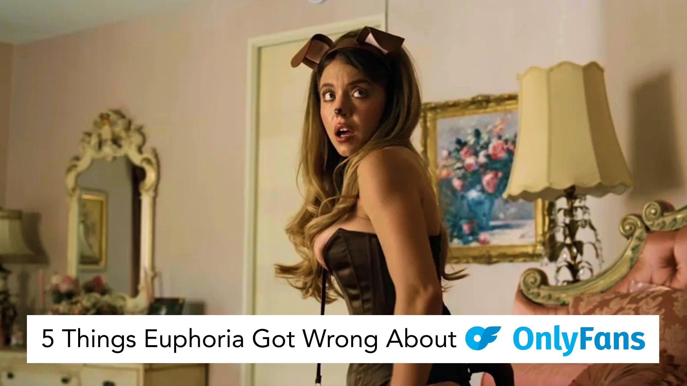 Woman in dog costume outfit featured in blog graphic about misconceptions surrounding OnlyFans and Euphoria.