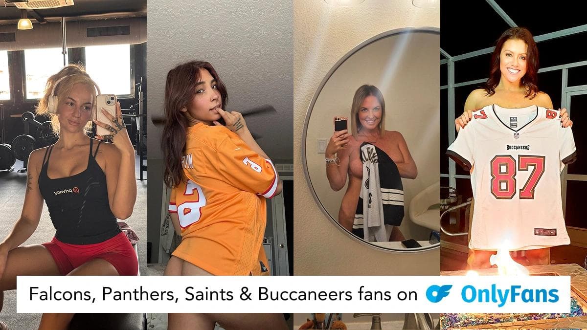 Promotional banner featuring NFL fans promoting OnlyFans profiles for Falcons, Panthers, Saints and Buccaneers supporters.