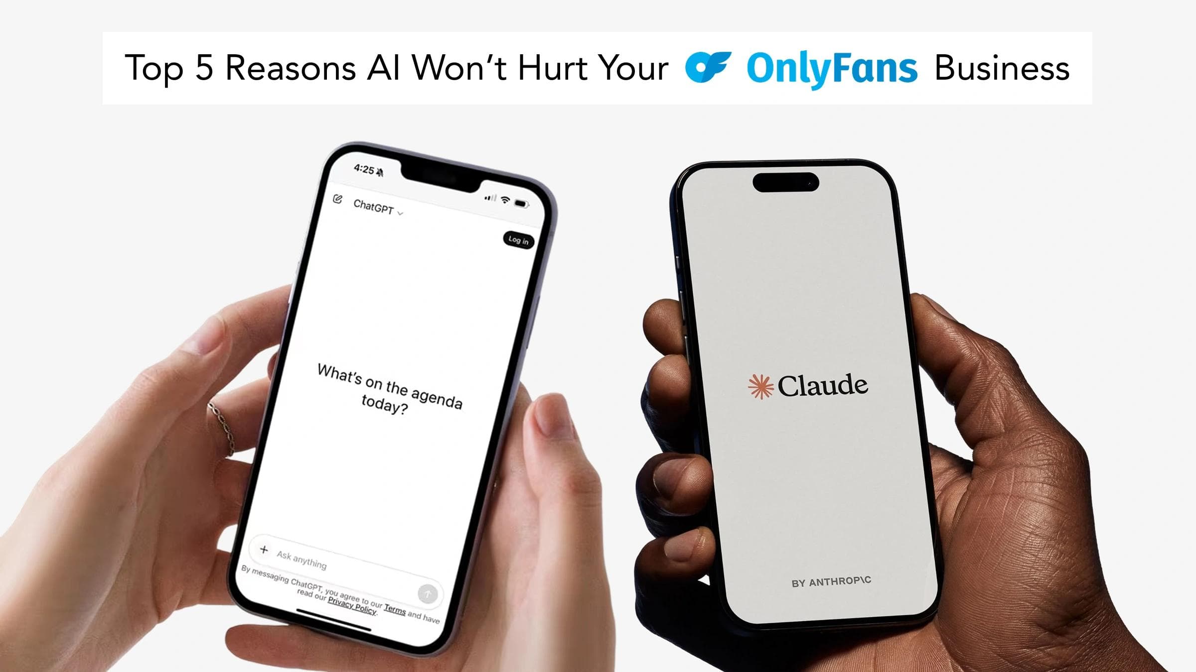 ChatGPT and Claude displayed on smartphones beneath a headline about AI and OnlyFans business.