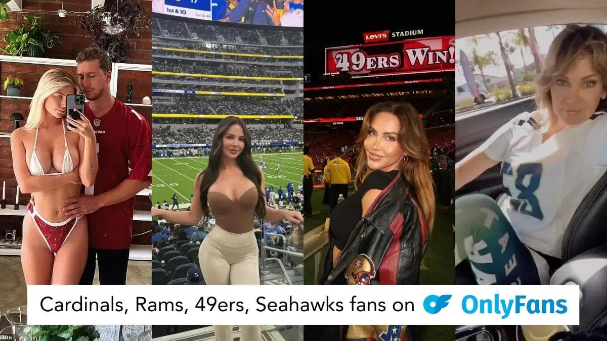 Cardinals, Rams, 49ers, and Seahawks fans posing in team apparel at football games and in casual settings for a social media collage.