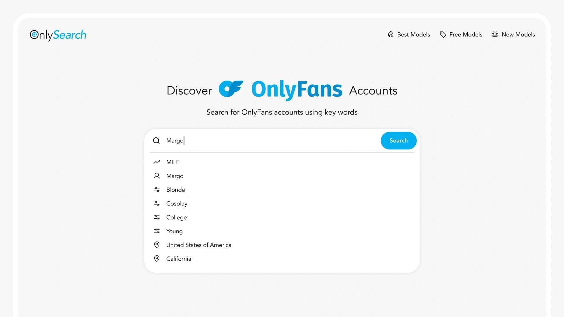OnlySearch homepage interface for discovering OnlyFans accounts using keyword search filters.