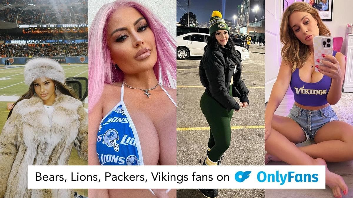 Collage of women in Bears, Lions, Packers, and Vikings themed outfits highlighting OnlyFans creators who are NFL fans.