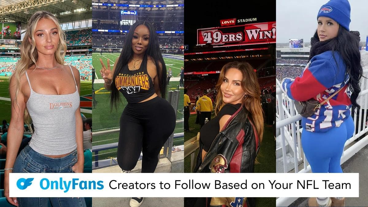 Collage of women wearing NFL team outfits at football stadiums promoting OnlyFans creators based on favorite NFL teams.