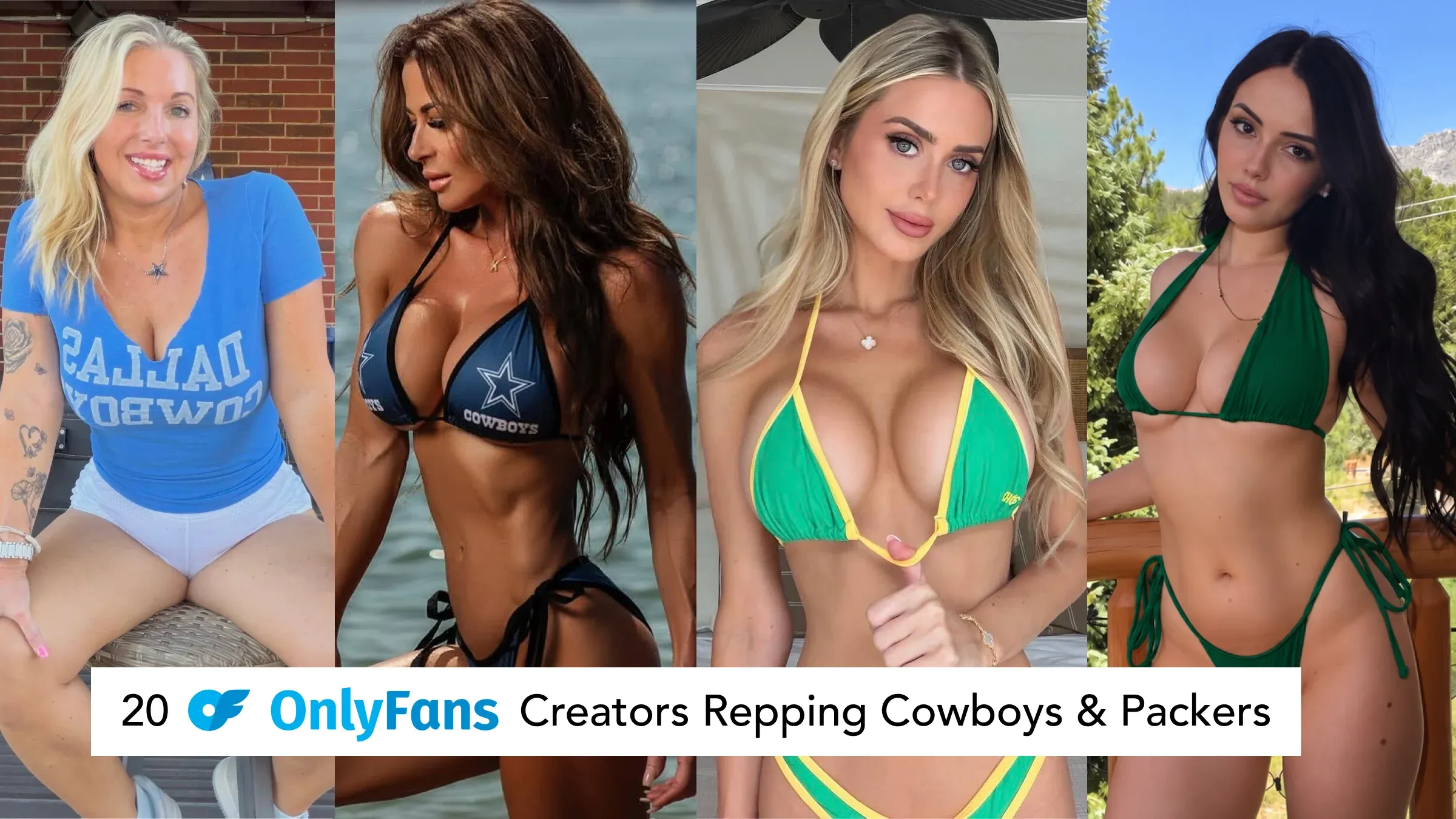 Collage of four OnlyFans creators in Dallas Cowboys apparel and bikinis promoting Cowboys and Packers football fandom.